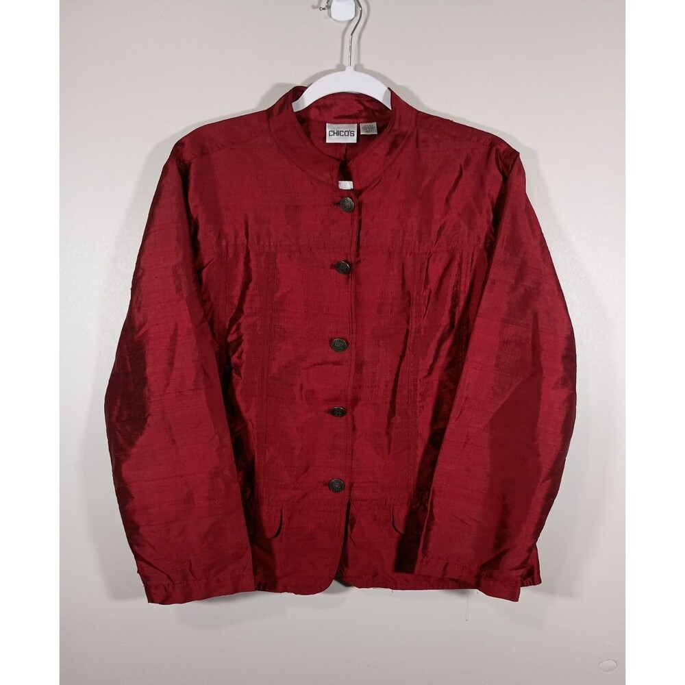 Chicos Womens Size 3 16 XL Iridescent Red Silk Tapestry Jacket Mandarin Collar